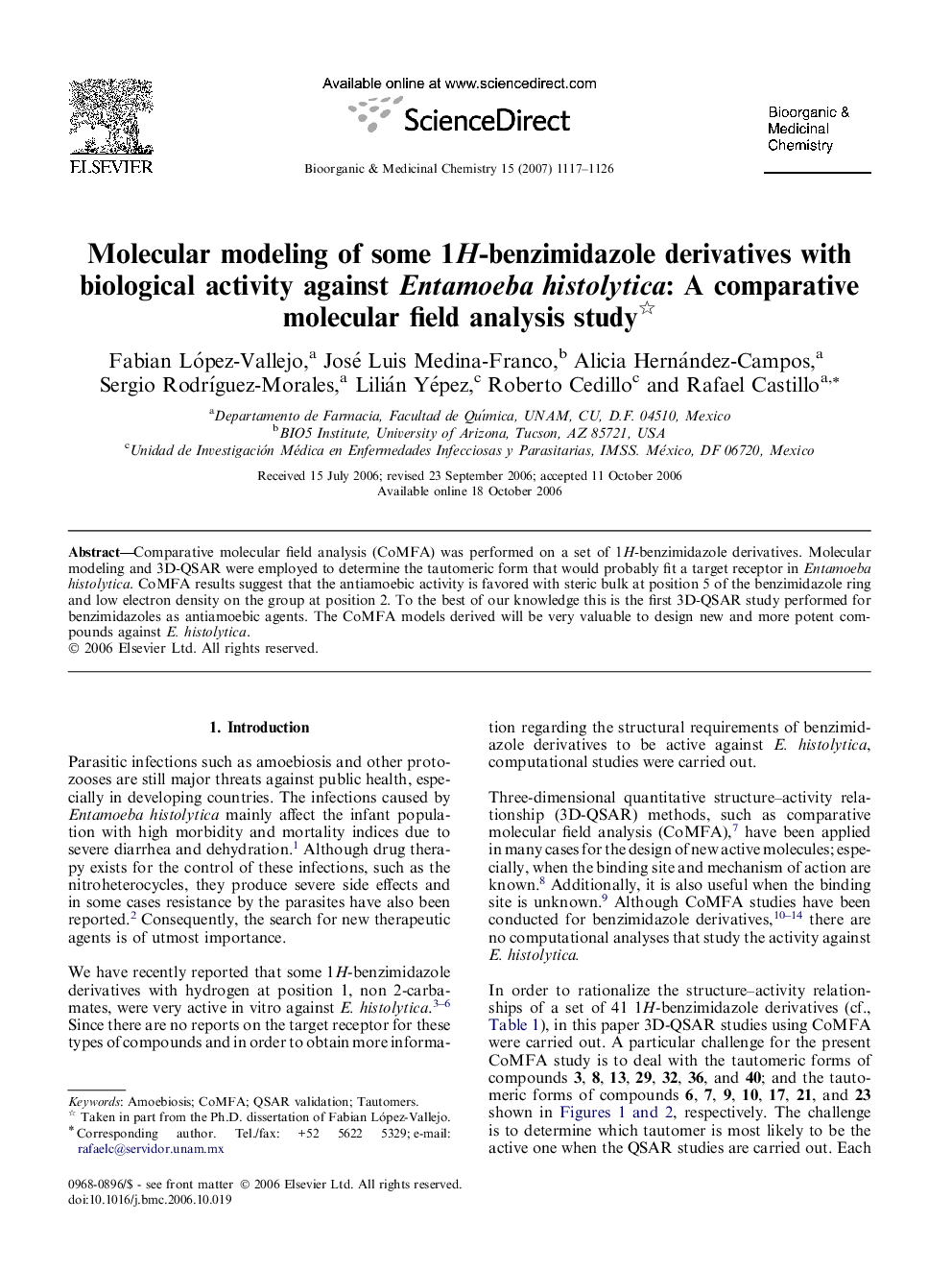 Molecular modeling of some 1H-benzimidazole derivatives with biological activity against Entamoeba histolytica: A comparative molecular field analysis study 