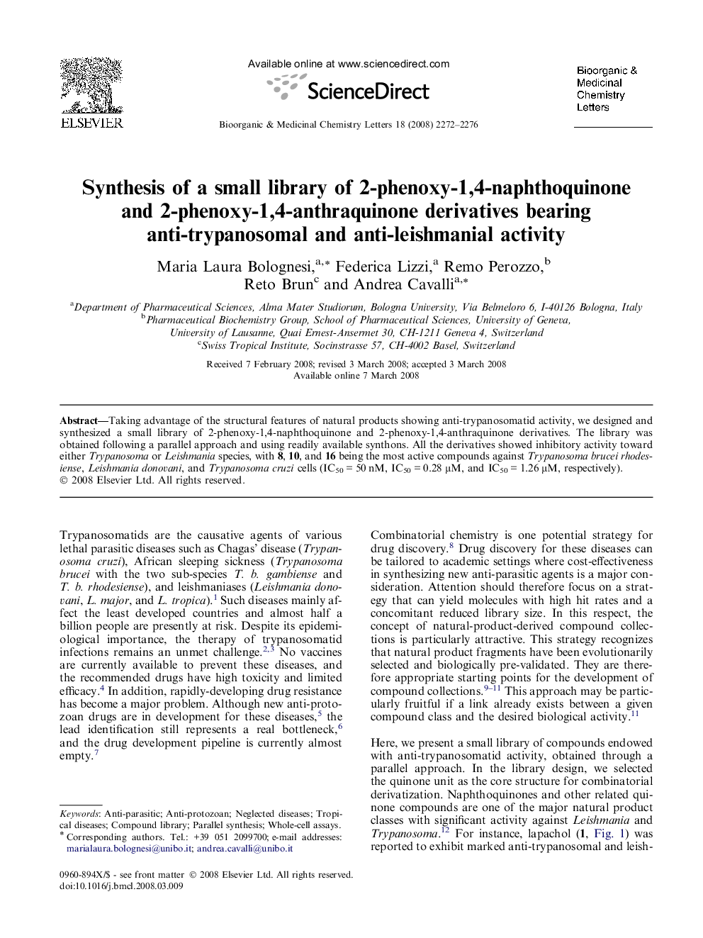 Synthesis of a small library of 2-phenoxy-1,4-naphthoquinone and 2-phenoxy-1,4-anthraquinone derivatives bearing anti-trypanosomal and anti-leishmanial activity