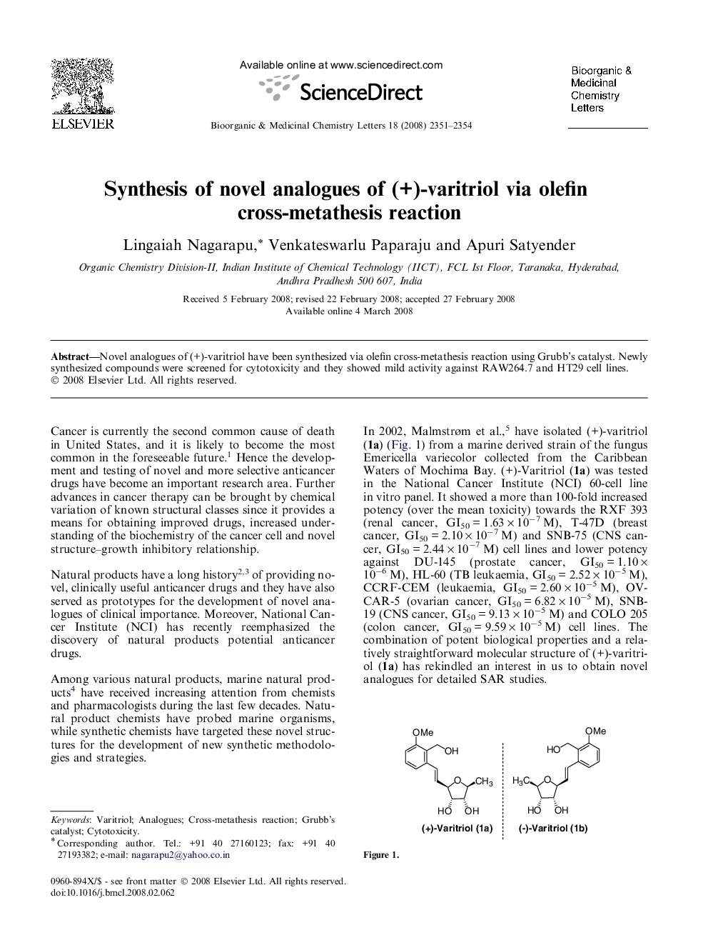 Synthesis of novel analogues of (+)-varitriol via olefin cross-metathesis reaction