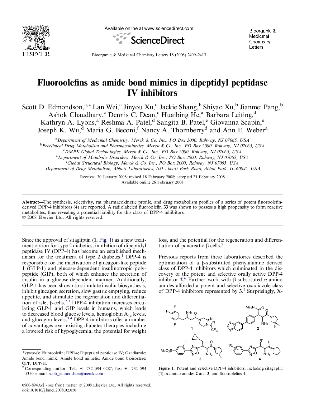 Fluoroolefins as amide bond mimics in dipeptidyl peptidase IV inhibitors