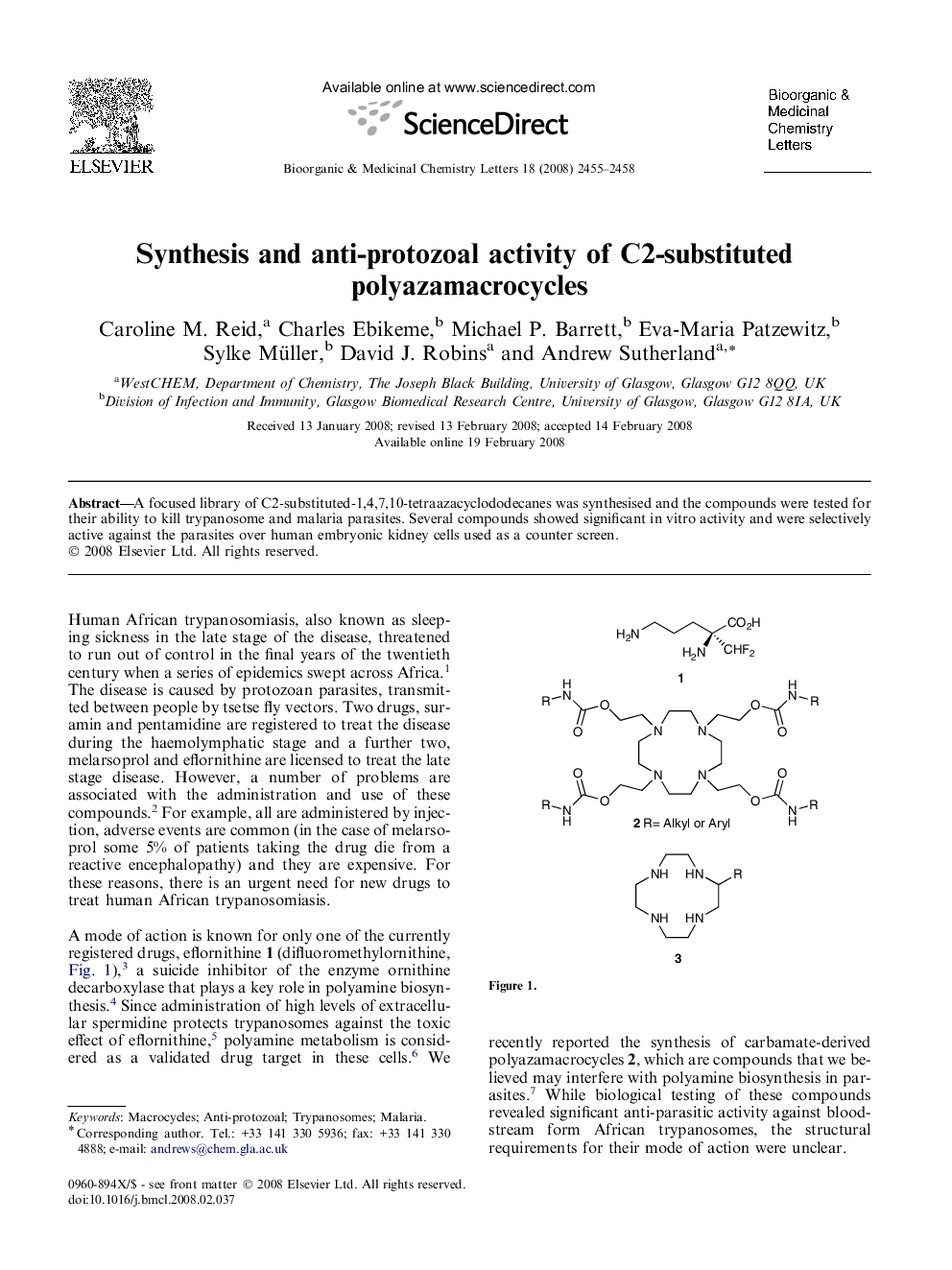 Synthesis and anti-protozoal activity of C2-substituted polyazamacrocycles