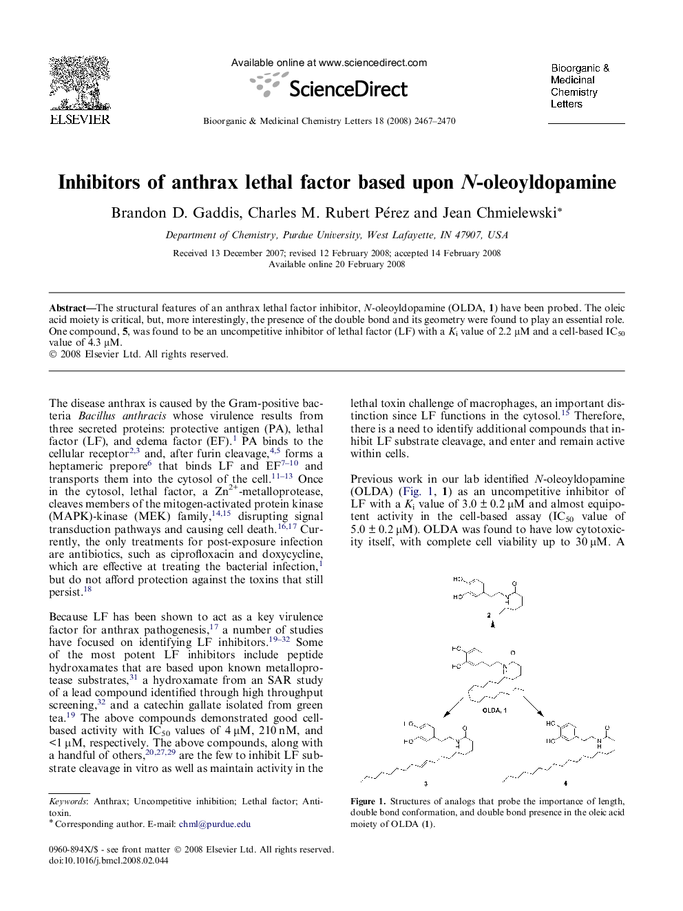 Inhibitors of anthrax lethal factor based upon N-oleoyldopamine