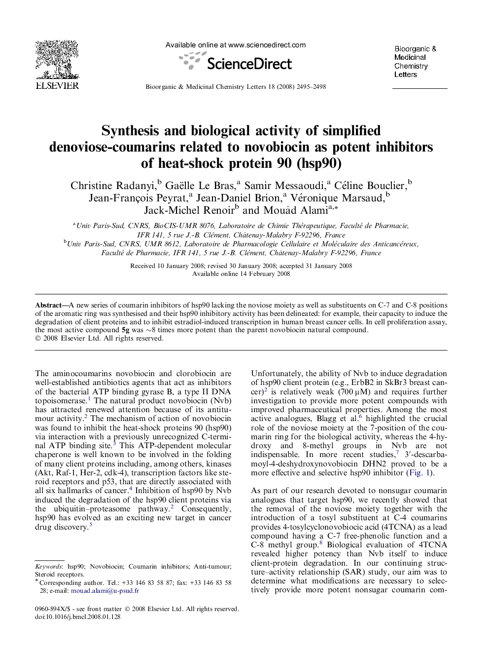 Synthesis and biological activity of simplified denoviose-coumarins related to novobiocin as potent inhibitors of heat-shock protein 90 (hsp90)