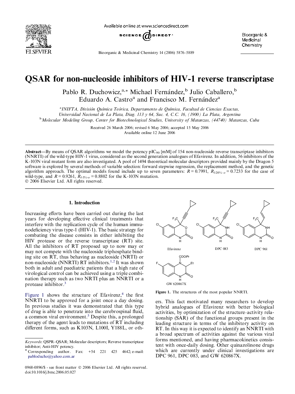 QSAR for non-nucleoside inhibitors of HIV-1 reverse transcriptase