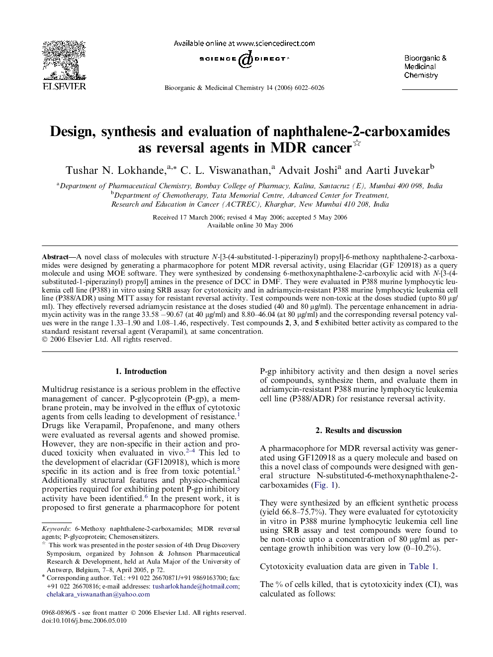 Design, synthesis and evaluation of naphthalene-2-carboxamides as reversal agents in MDR cancer 