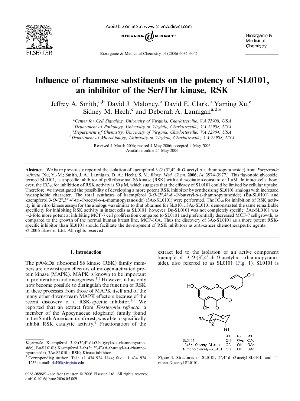 Influence of rhamnose substituents on the potency of SL0101, an inhibitor of the Ser/Thr kinase, RSK