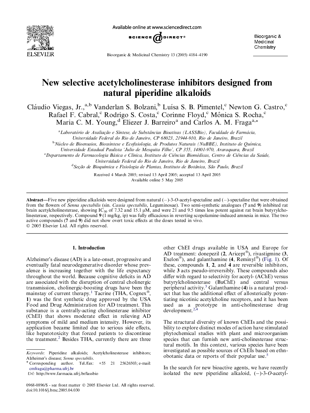 New selective acetylcholinesterase inhibitors designed from natural piperidine alkaloids