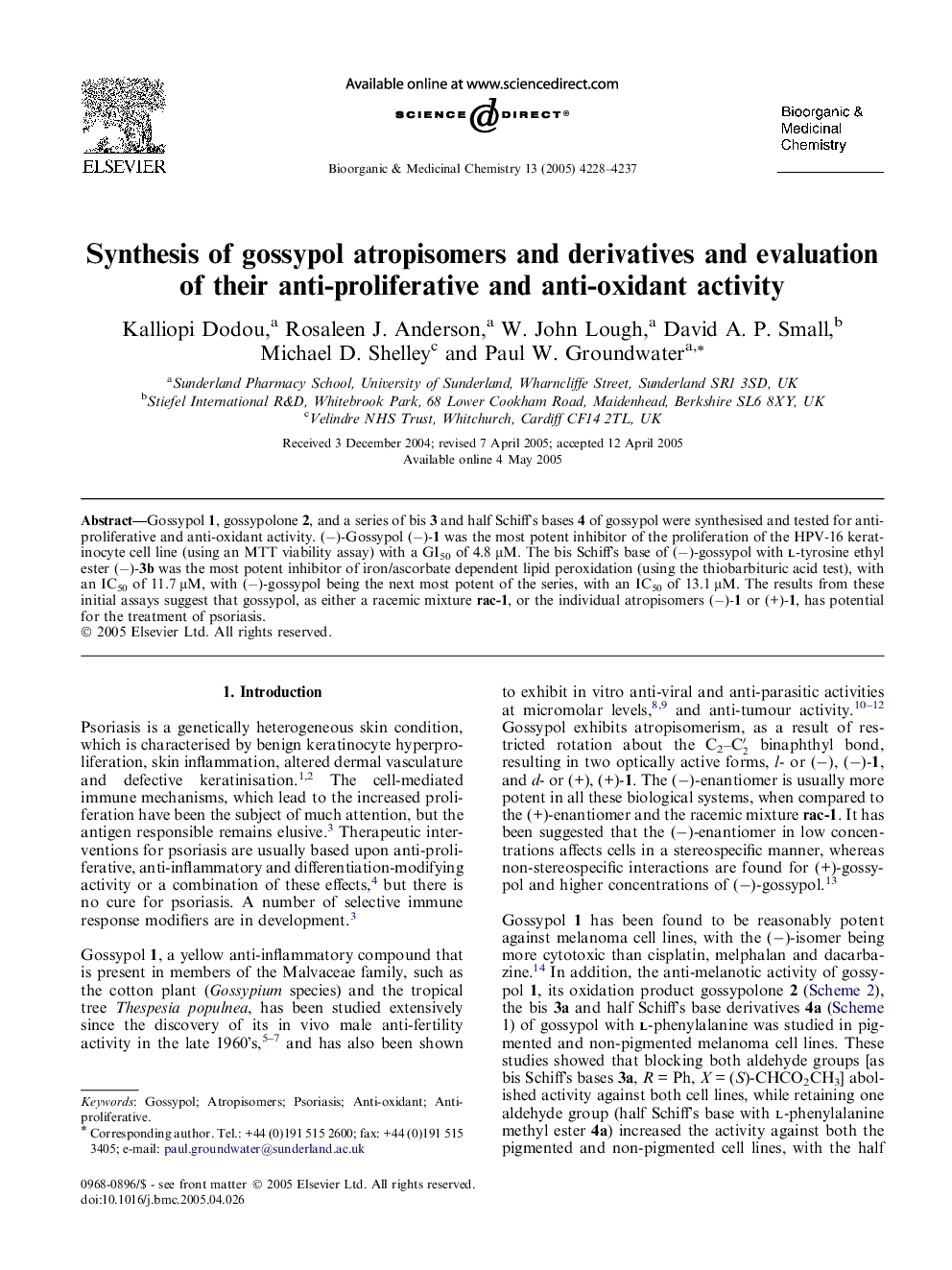 Synthesis of gossypol atropisomers and derivatives and evaluation of their anti-proliferative and anti-oxidant activity