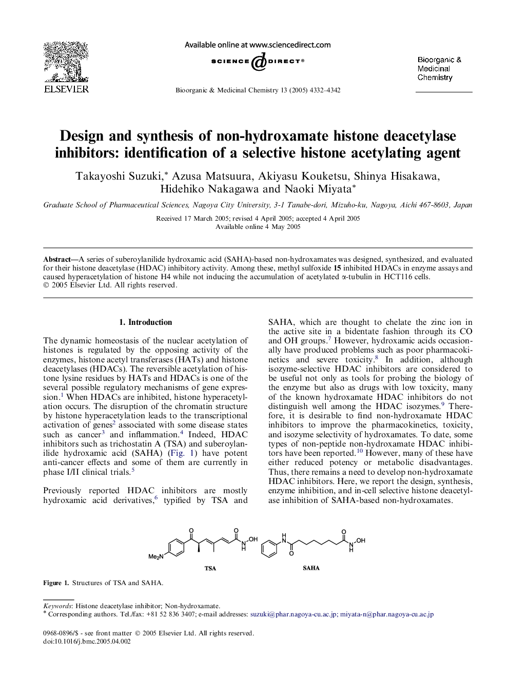 Design and synthesis of non-hydroxamate histone deacetylase inhibitors: identification of a selective histone acetylating agent