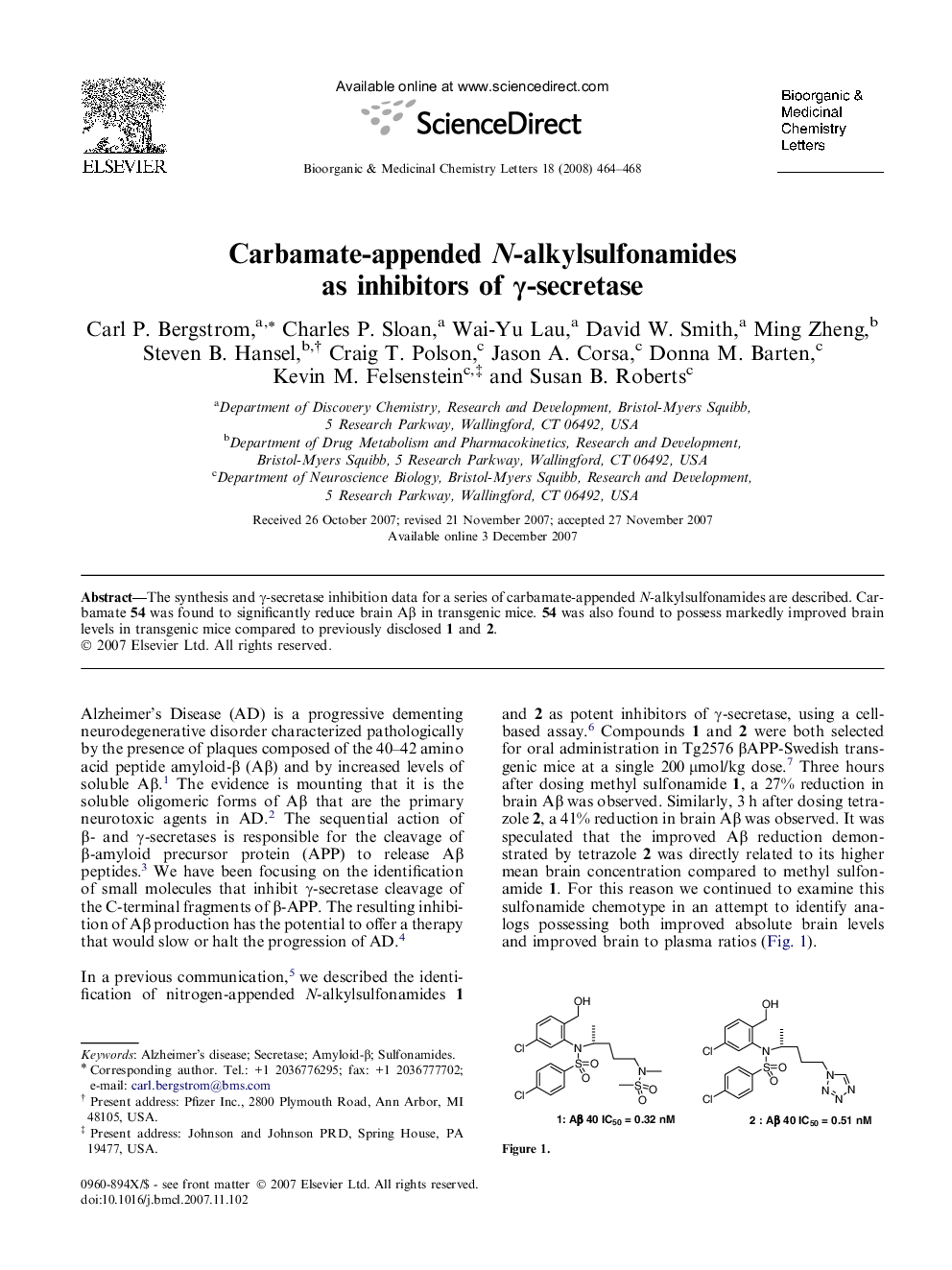 Carbamate-appended N-alkylsulfonamides as inhibitors of Î³-secretase