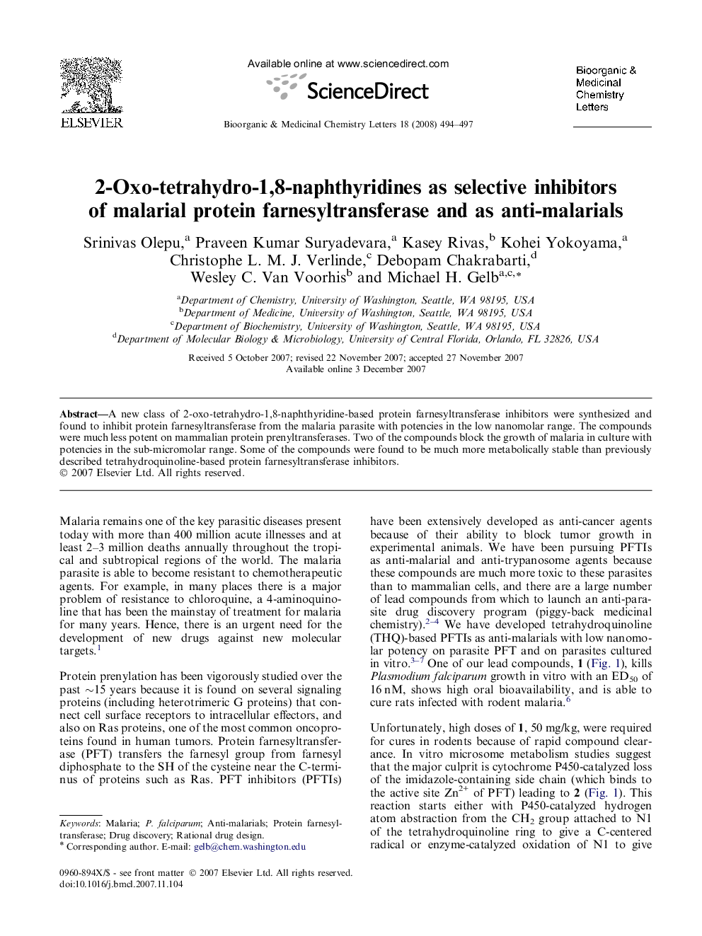 2-Oxo-tetrahydro-1,8-naphthyridines as selective inhibitors of malarial protein farnesyltransferase and as anti-malarials