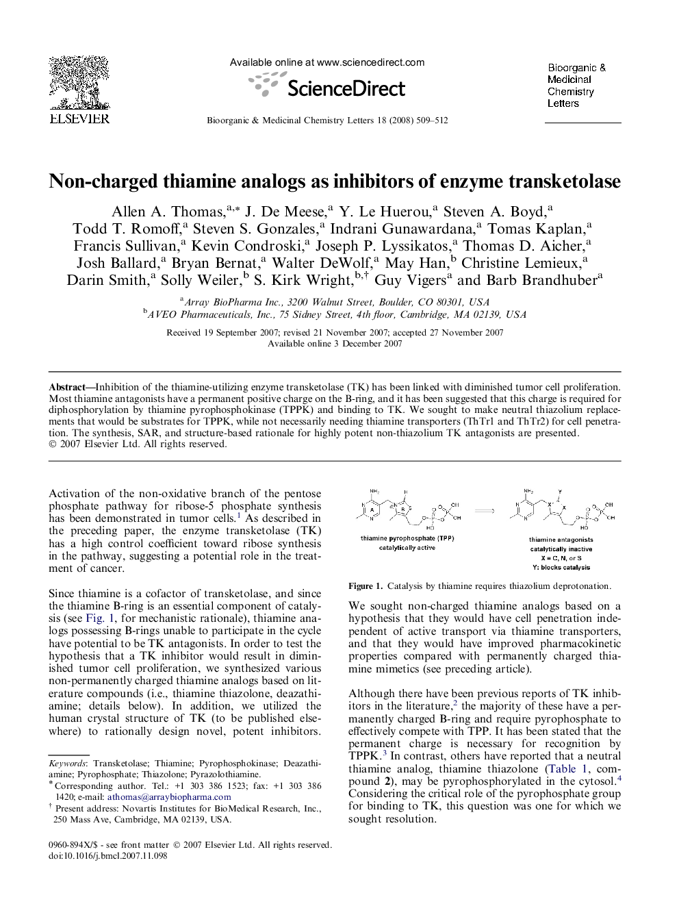 Non-charged thiamine analogs as inhibitors of enzyme transketolase