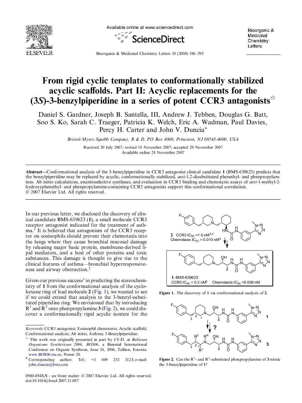 From rigid cyclic templates to conformationally stabilized acyclic scaffolds. Part II: Acyclic replacements for the (3S)-3-benzylpiperidine in a series of potent CCR3 antagonists 