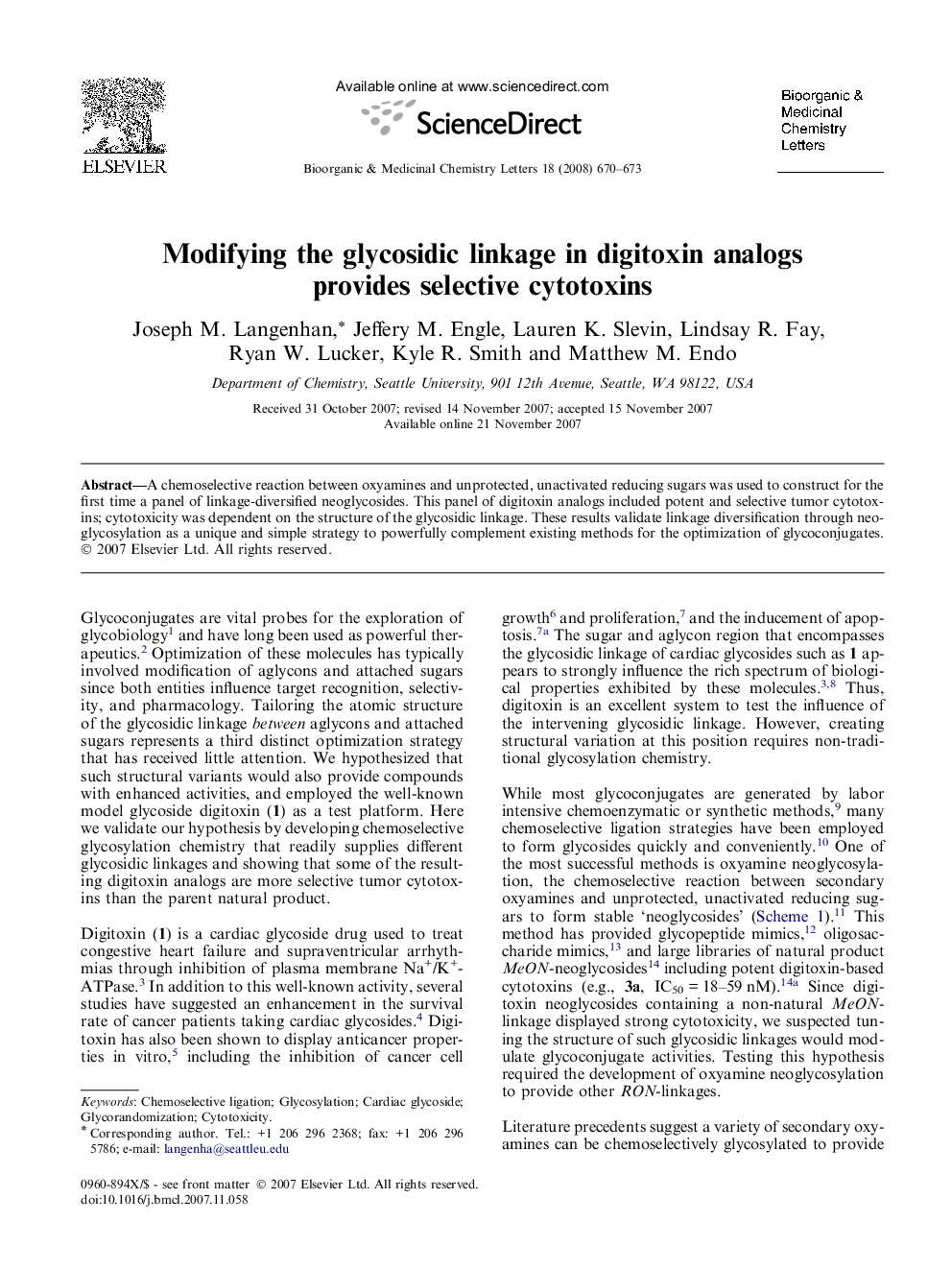 Modifying the glycosidic linkage in digitoxin analogs provides selective cytotoxins