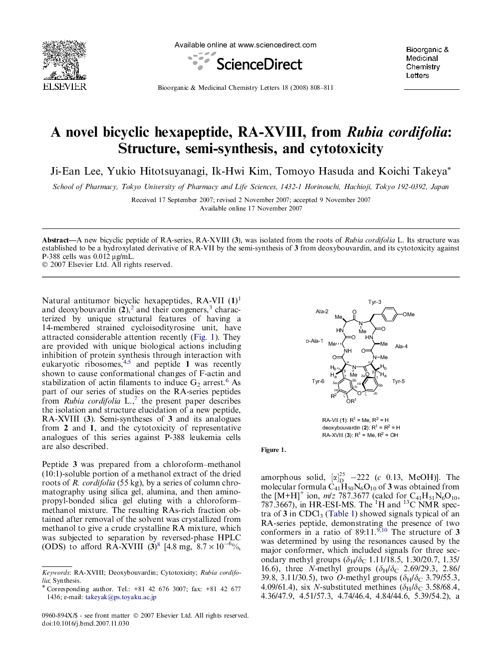 A novel bicyclic hexapeptide, RA-XVIII, from Rubia cordifolia: Structure, semi-synthesis, and cytotoxicity