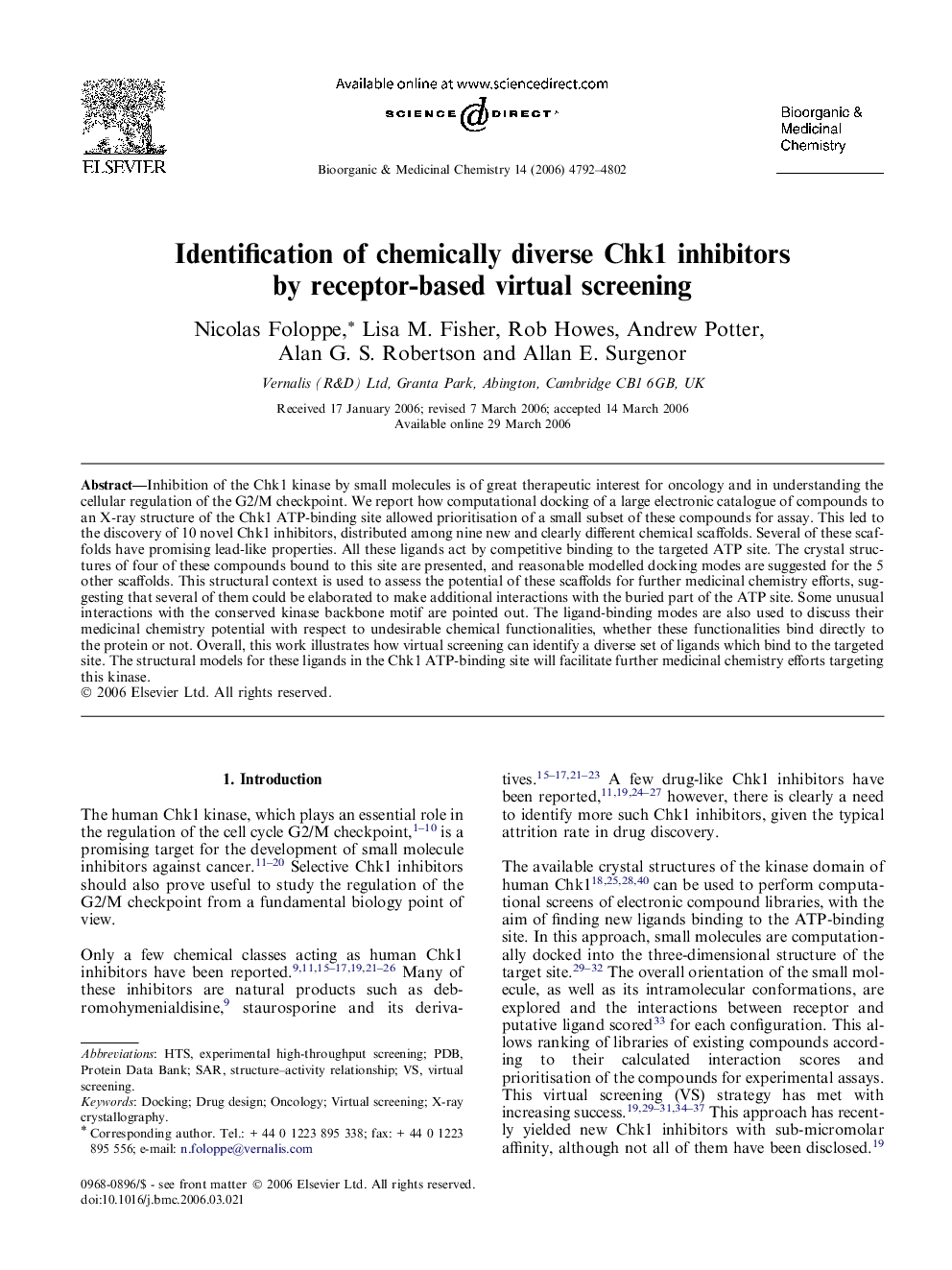 Identification of chemically diverse Chk1 inhibitors by receptor-based virtual screening