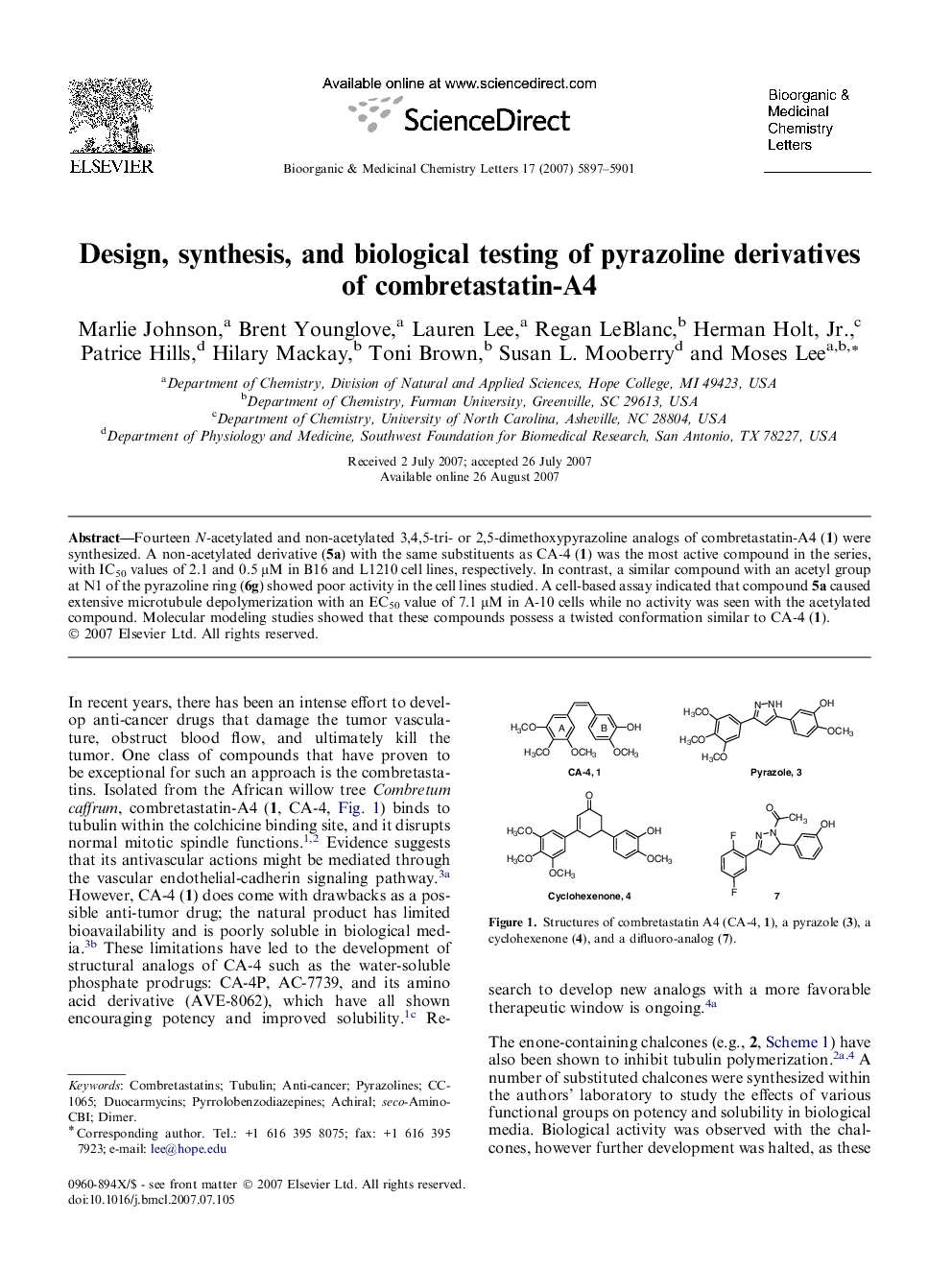 Design, synthesis, and biological testing of pyrazoline derivatives of combretastatin-A4