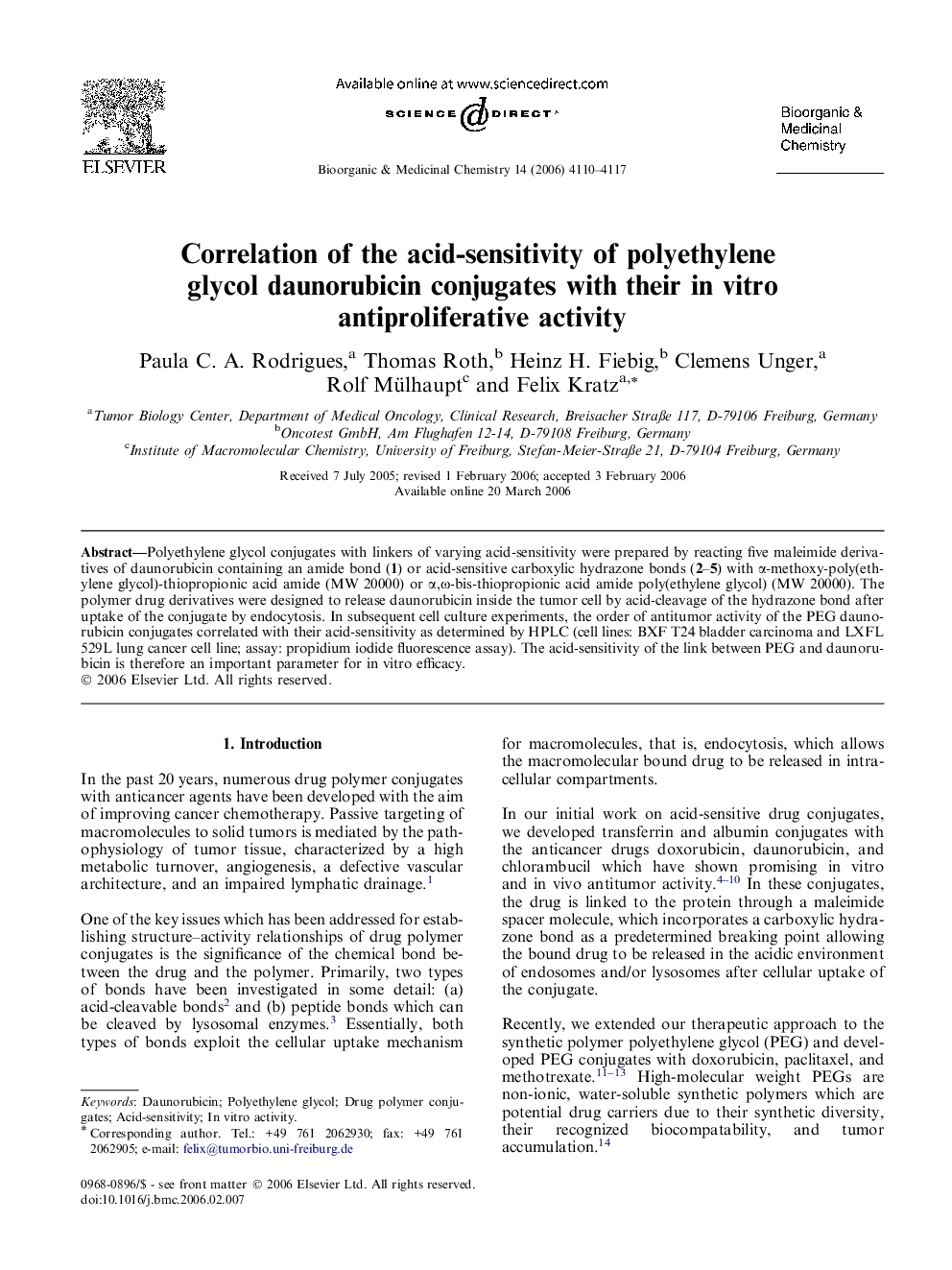 Correlation of the acid-sensitivity of polyethylene glycol daunorubicin conjugates with their in vitro antiproliferative activity