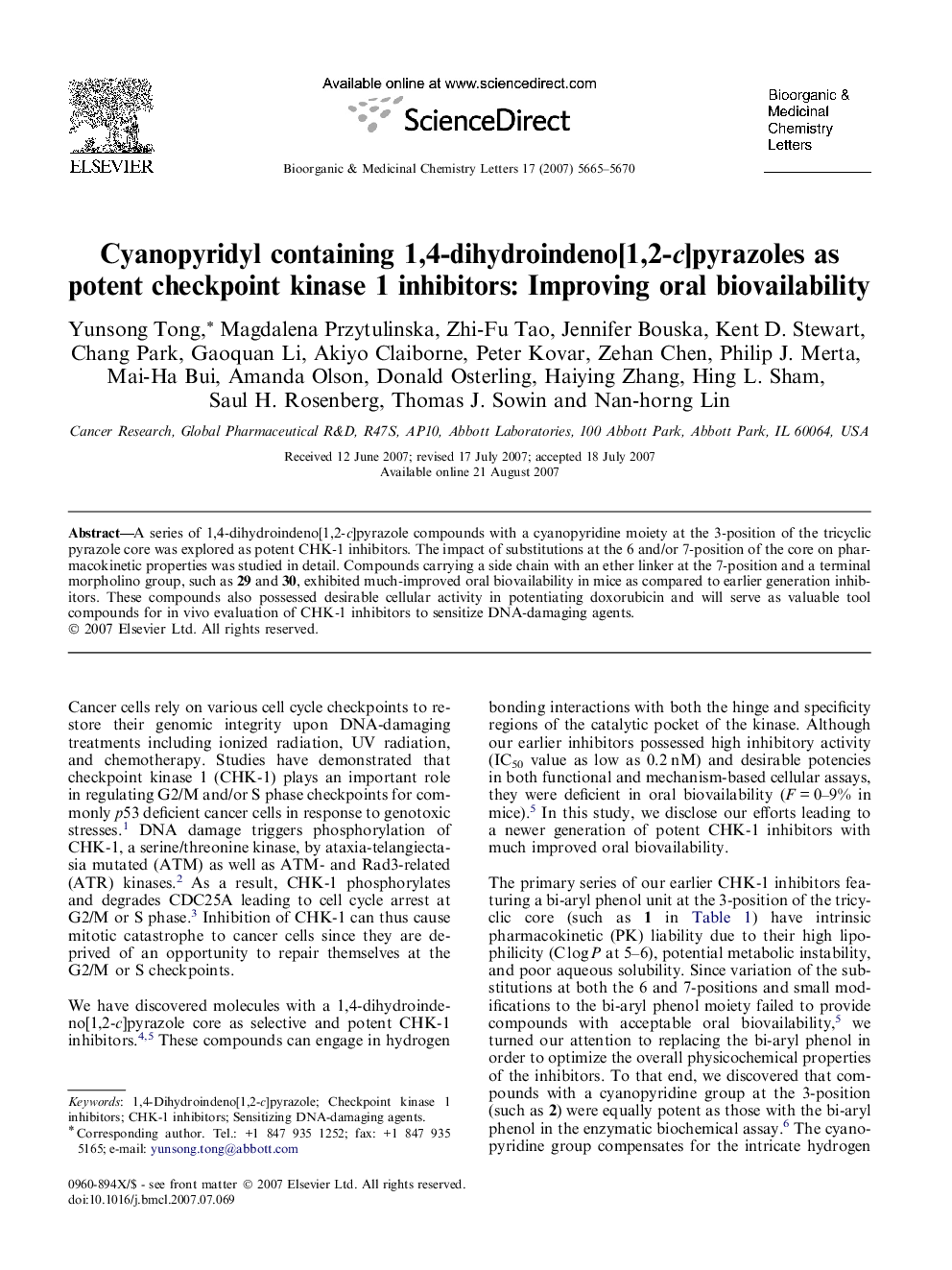 Cyanopyridyl containing 1,4-dihydroindeno[1,2-c]pyrazoles as potent checkpoint kinase 1 inhibitors: Improving oral biovailability