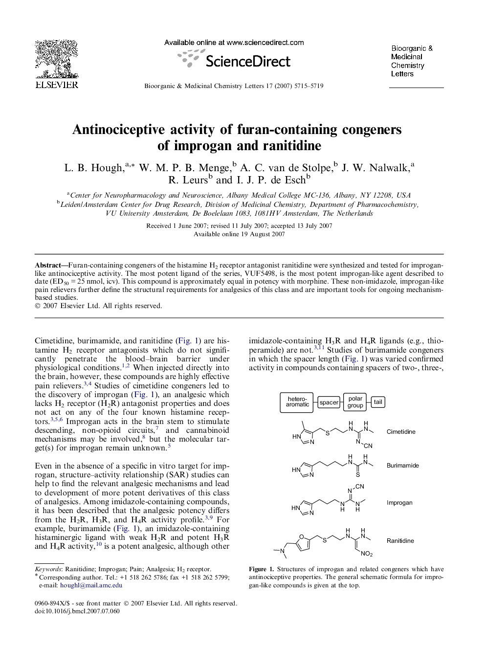Antinociceptive activity of furan-containing congeners of improgan and ranitidine