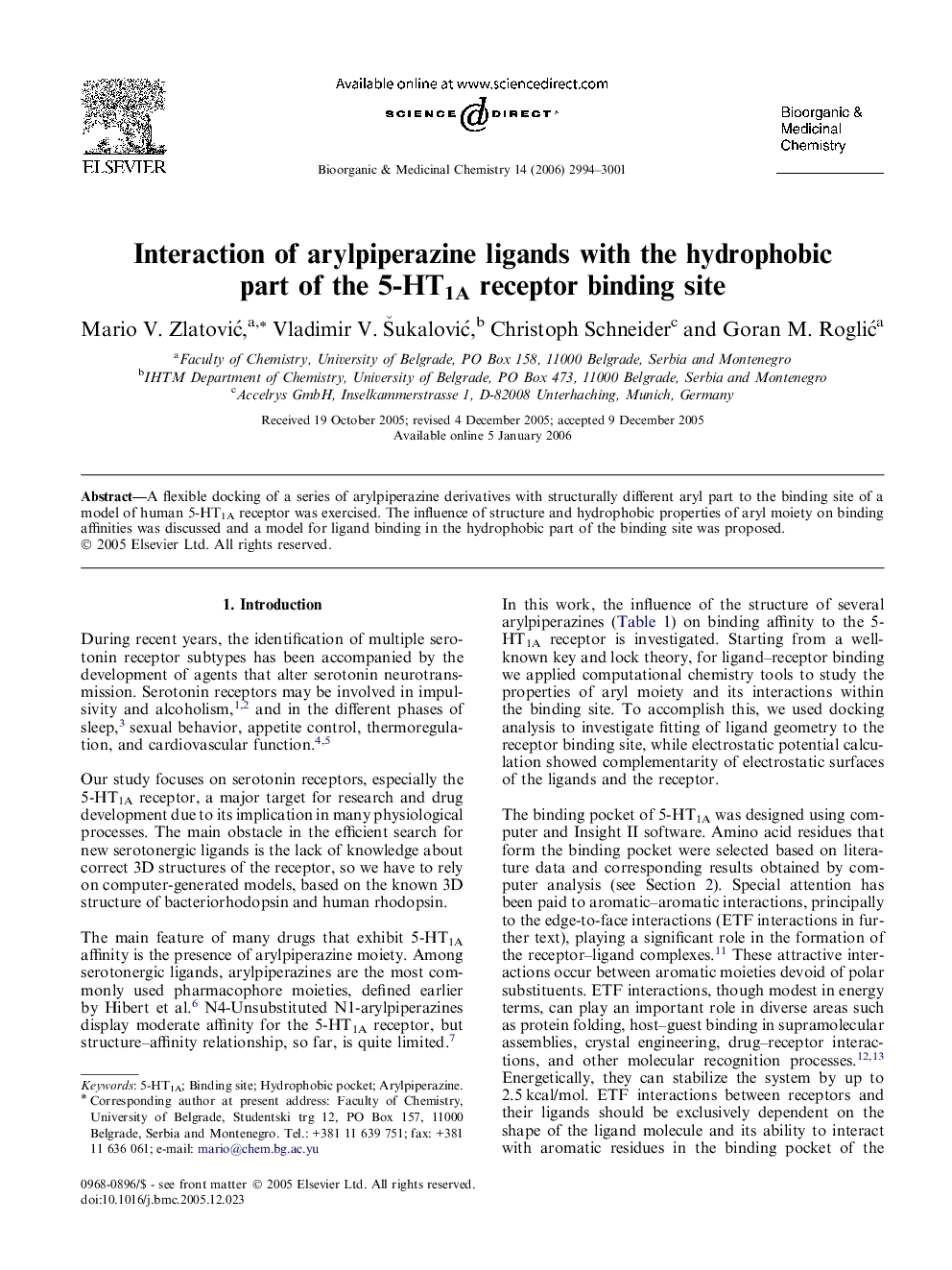 Interaction of arylpiperazine ligands with the hydrophobic part of the 5-HT1A receptor binding site