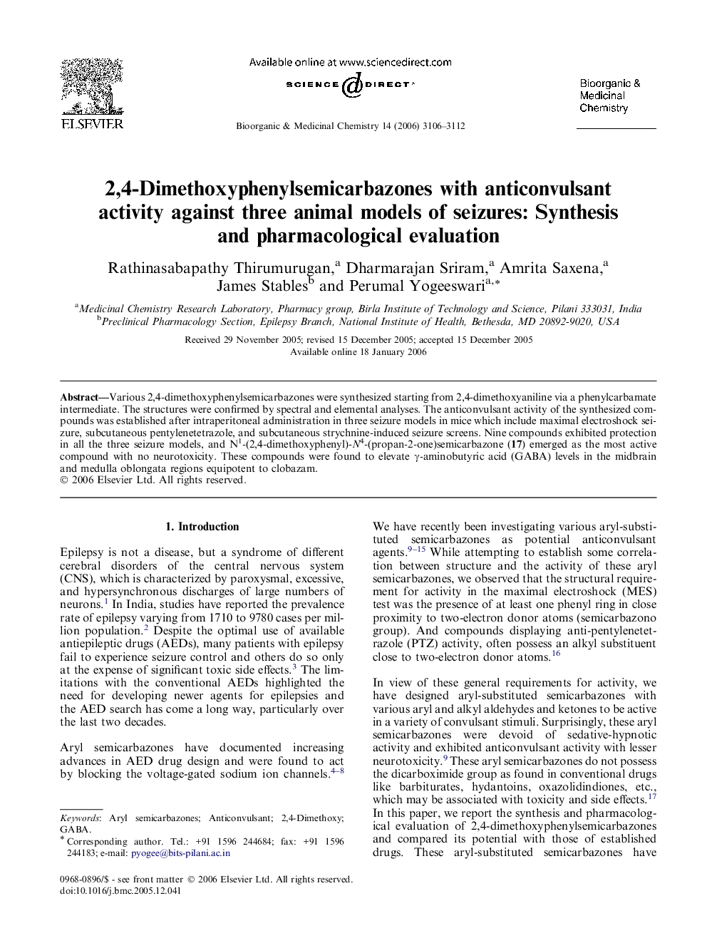 2,4-Dimethoxyphenylsemicarbazones with anticonvulsant activity against three animal models of seizures: Synthesis and pharmacological evaluation