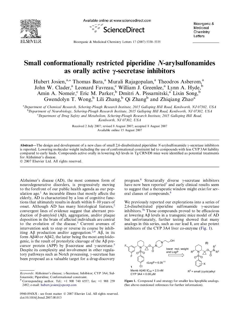 عکس صفحه اول مقاله: Small conformationally restricted piperidine N-arylsulfonamides as orally active γ-secretase inhibitors Small conformationally restricted piperidine N-arylsulfonamides as orally active γ-secretase inhibitors