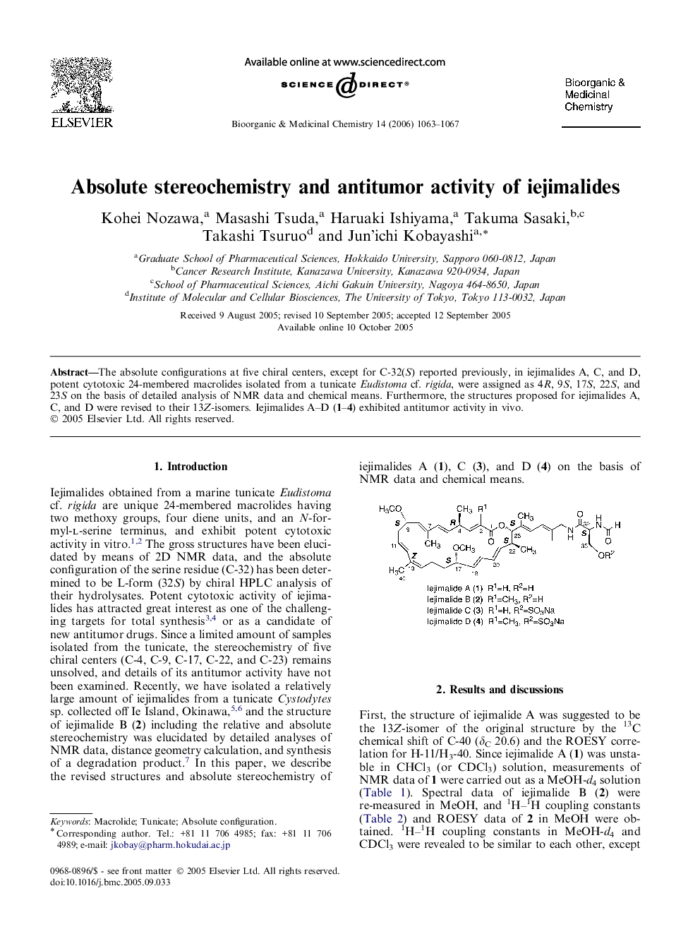 Absolute stereochemistry and antitumor activity of iejimalides