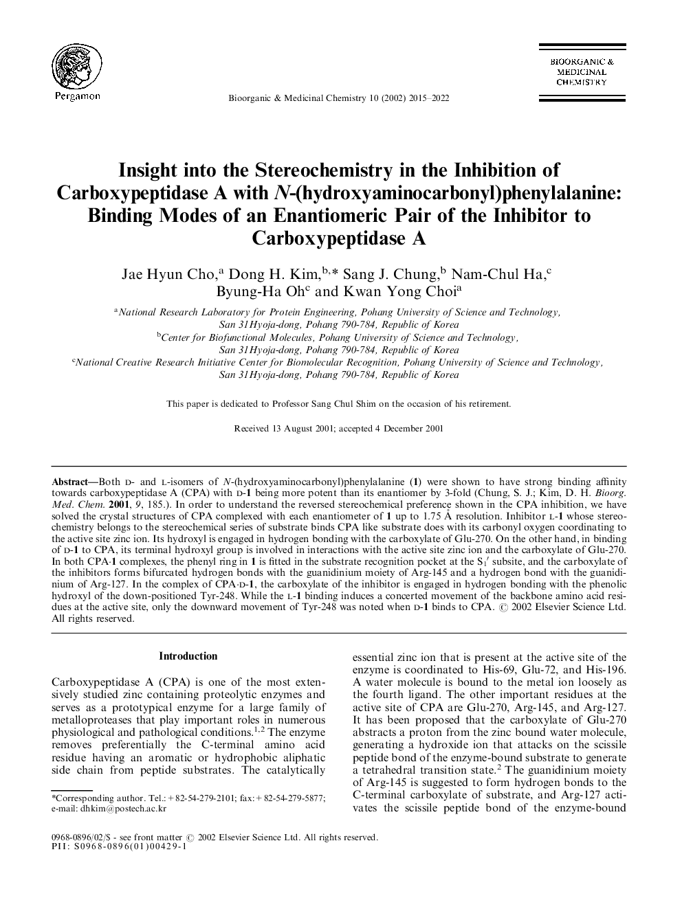 عکس صفحه اول مقاله: Insight into the stereochemistry in the inhibition of carboxypeptidase A with N-(hydroxyaminocarbonyl)phenylalanine: binding modes of an enantiomeric pair of the inhibitor to carboxypeptidase A Insight into the stereochemistry in the inhibition of carboxypeptidase A with N-(hydroxyaminocarbonyl)phenylalanine: binding modes of an enantiomeric pair of the inhibitor to carboxypeptidase A