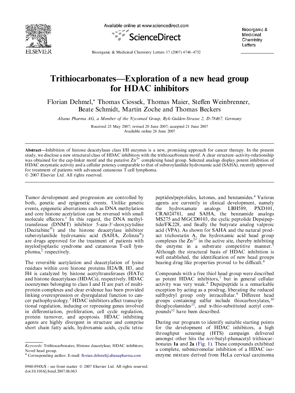 Trithiocarbonates—Exploration of a new head group for HDAC inhibitors