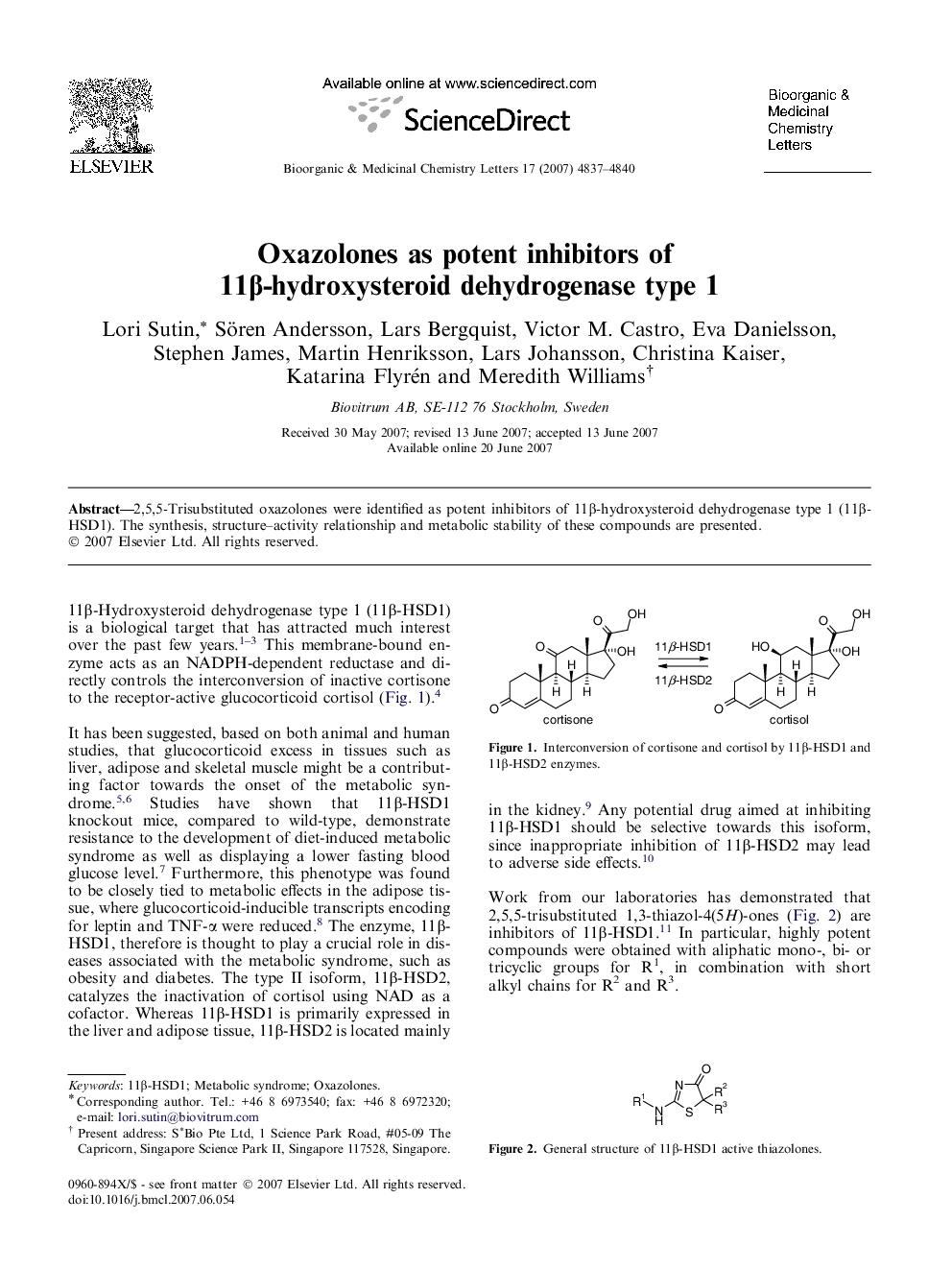 Oxazolones as potent inhibitors of 11β-hydroxysteroid dehydrogenase type 1