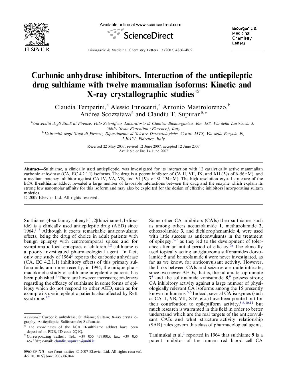 Carbonic anhydrase inhibitors. Interaction of the antiepileptic drug sulthiame with twelve mammalian isoforms: Kinetic and X-ray crystallographic studies 