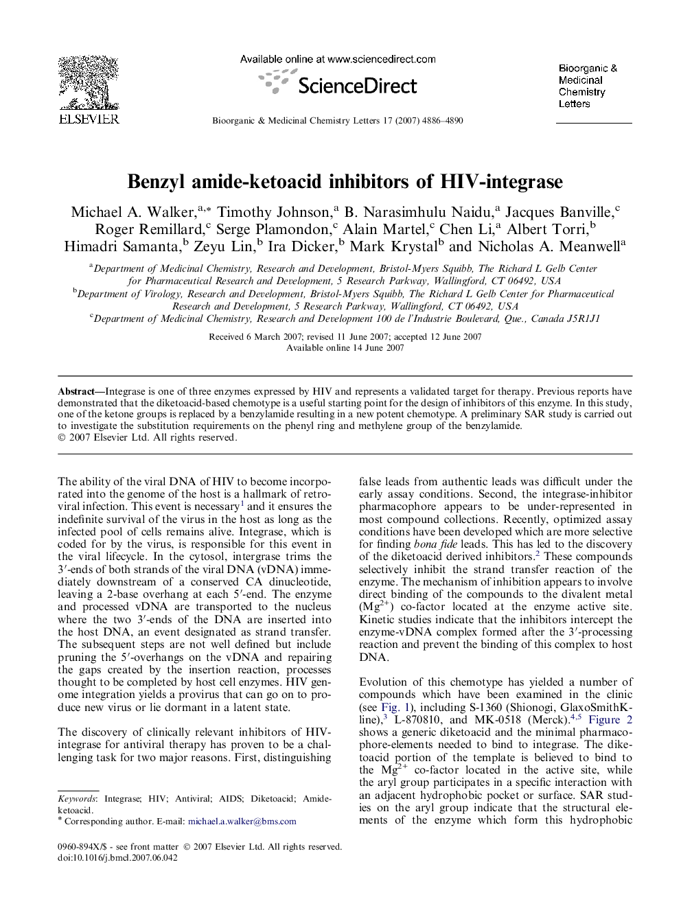 Benzyl amide-ketoacid inhibitors of HIV-integrase