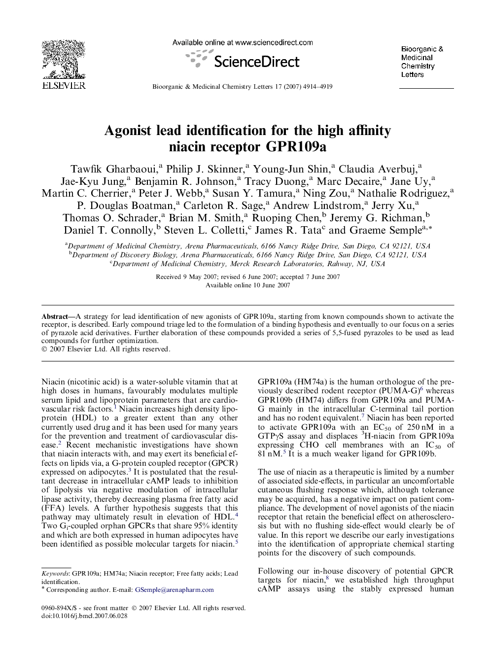 Agonist lead identification for the high affinity niacin receptor GPR109a