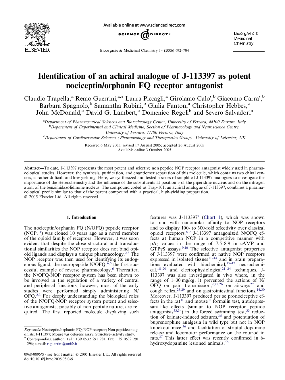 Identification of an achiral analogue of J-113397 as potent nociceptin/orphanin FQ receptor antagonist