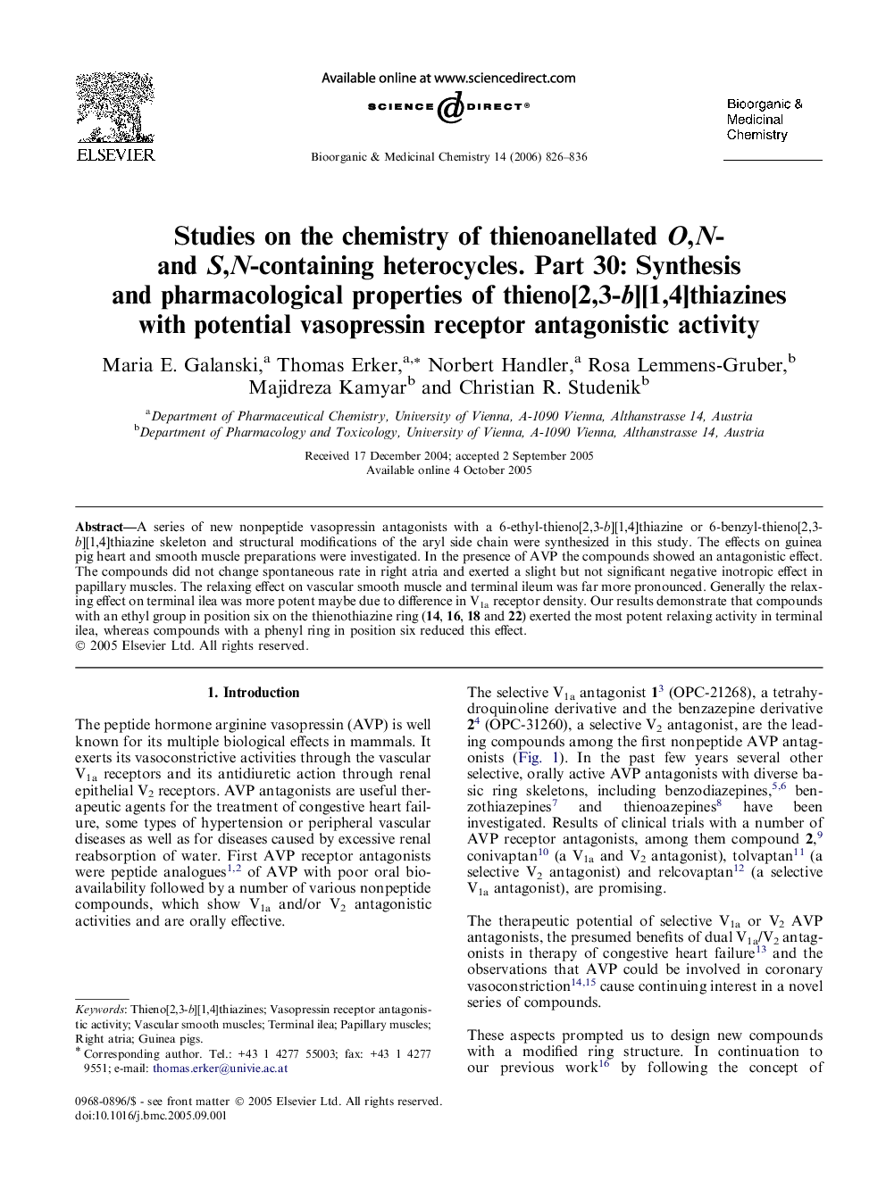 Studies on the chemistry of thienoanellated O,N- and S,N-containing heterocycles. Part 30: Synthesis and pharmacological properties of thieno[2,3-b][1,4]thiazines with potential vasopressin receptor antagonistic activity