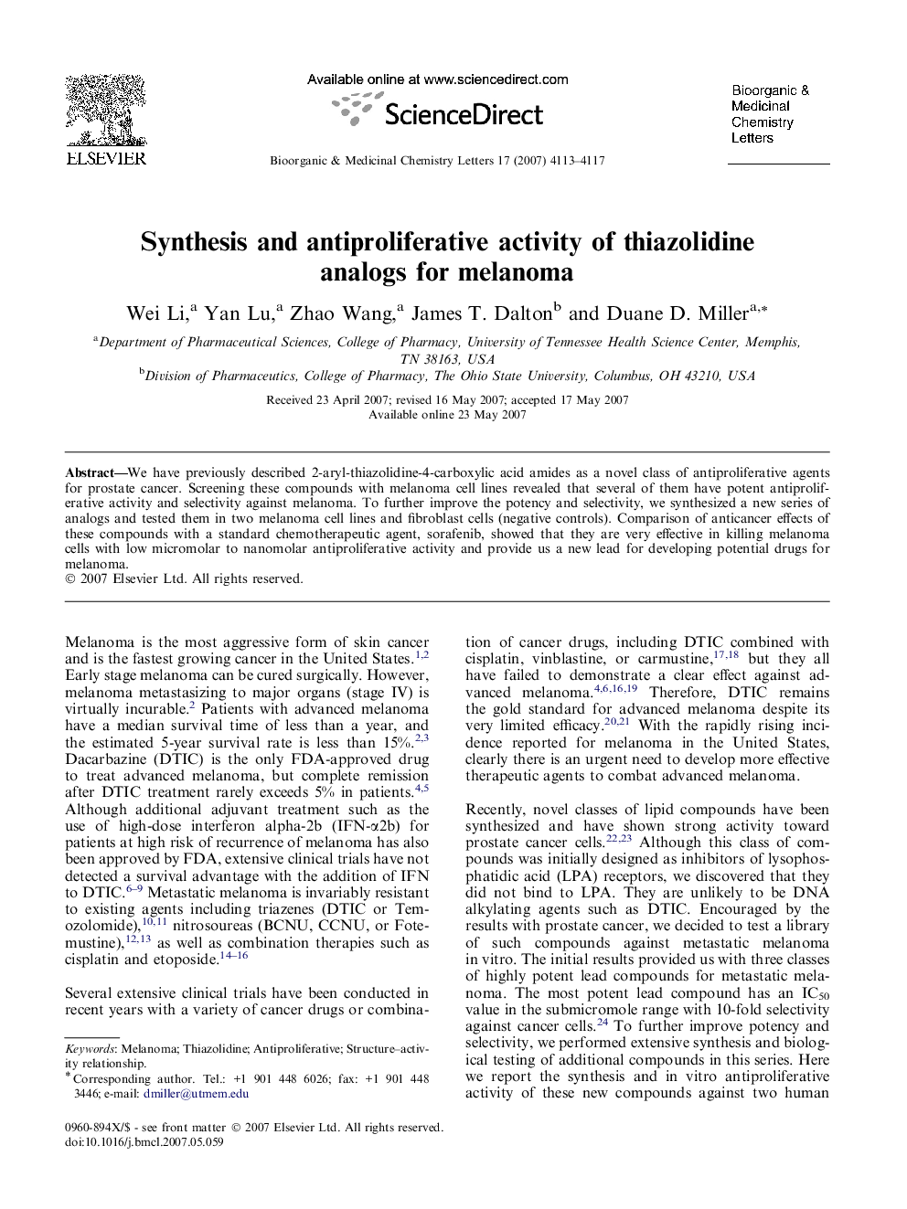 Synthesis and antiproliferative activity of thiazolidine analogs for melanoma