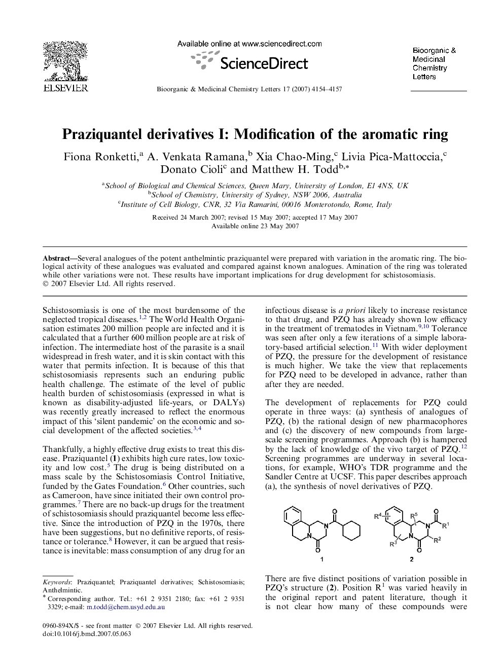 Praziquantel derivatives I: Modification of the aromatic ring