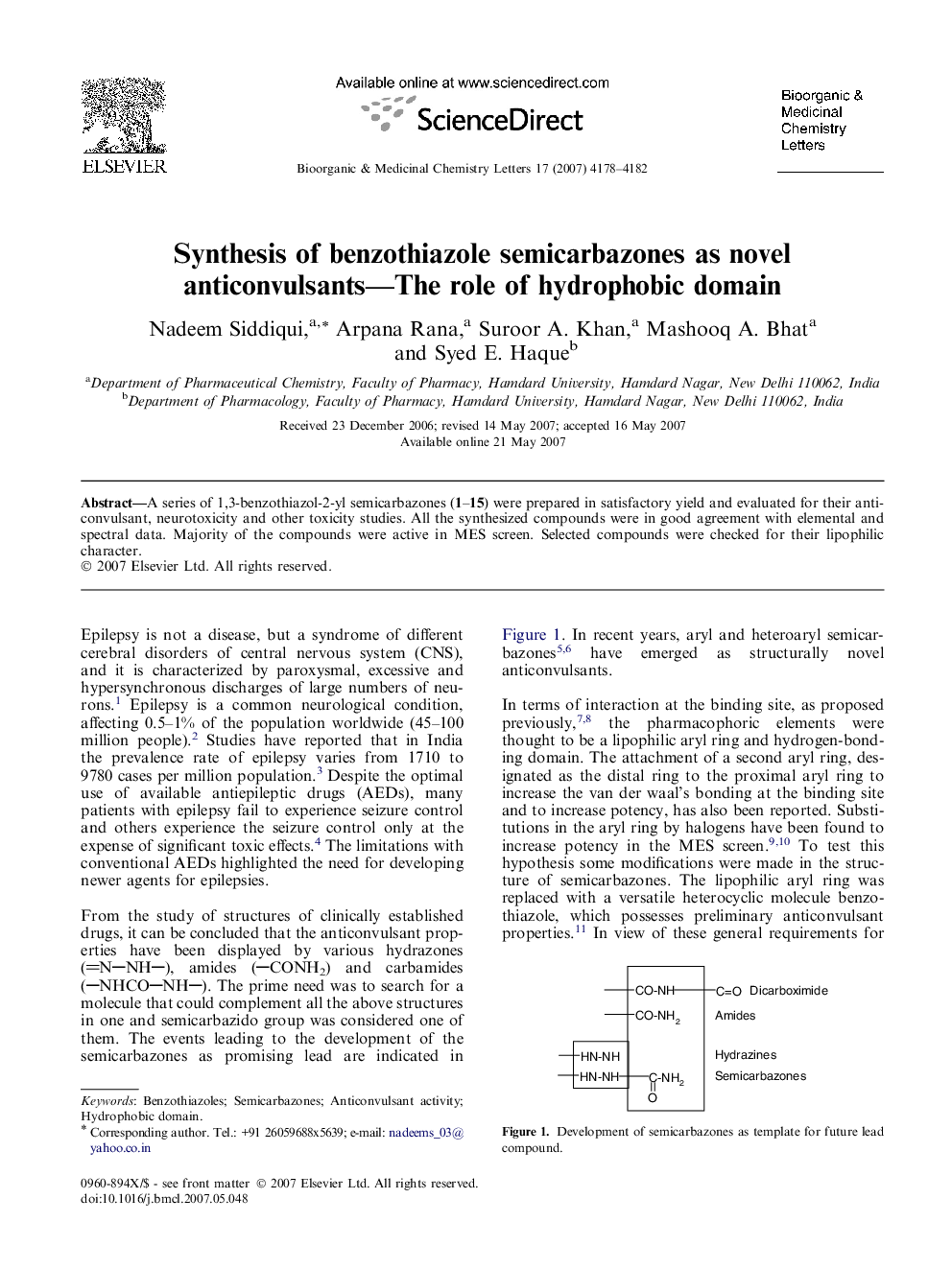 Synthesis of benzothiazole semicarbazones as novel anticonvulsants—The role of hydrophobic domain