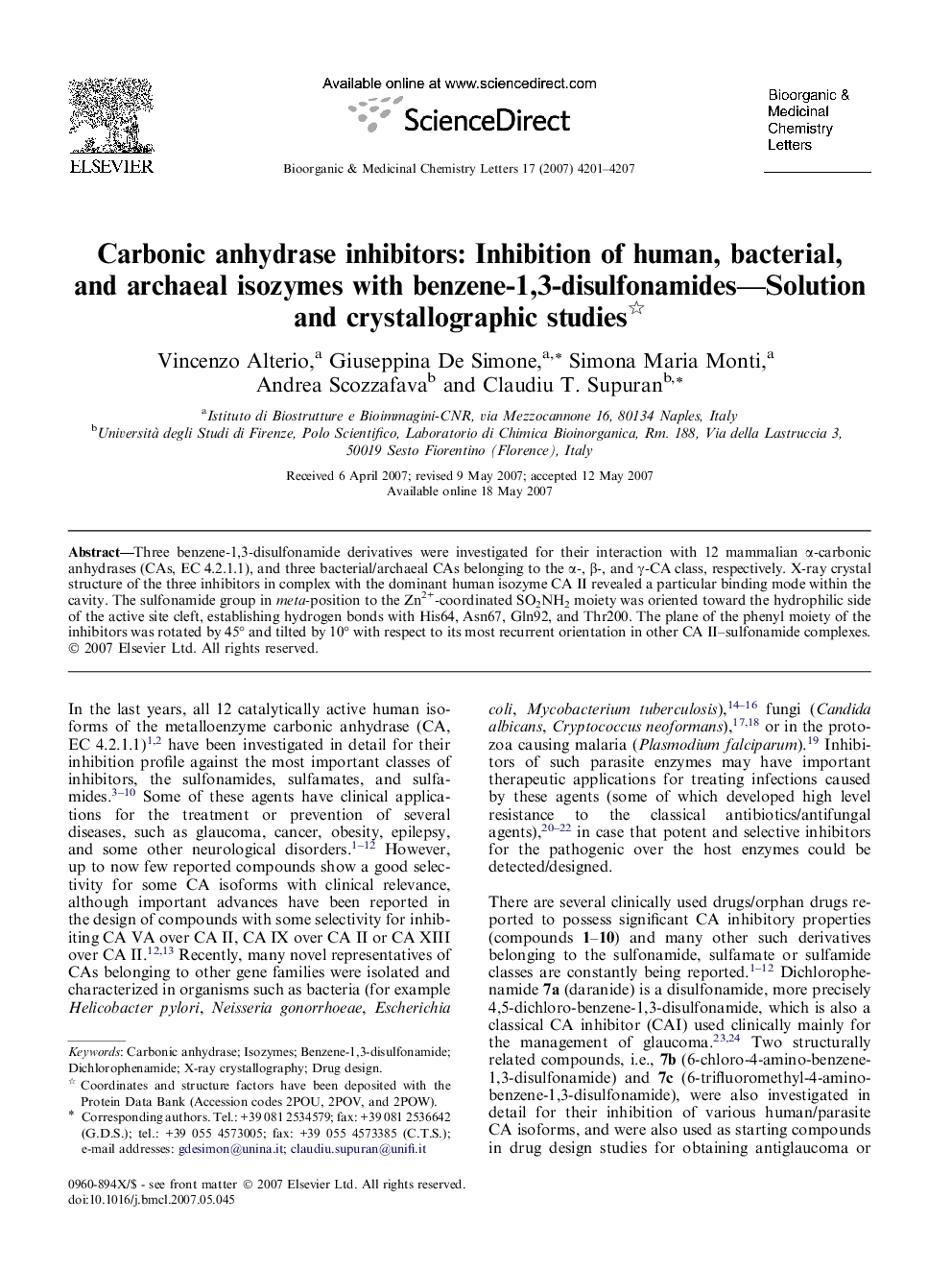 Carbonic anhydrase inhibitors: Inhibition of human, bacterial, and archaeal isozymes with benzene-1,3-disulfonamides—Solution and crystallographic studies 