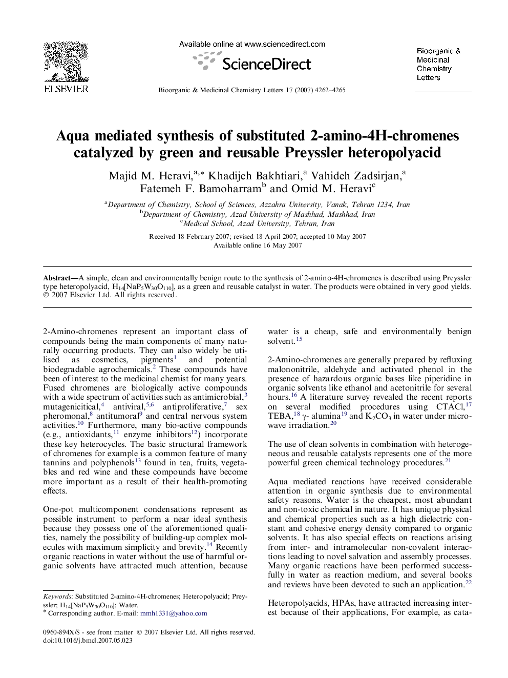 Aqua mediated synthesis of substituted 2-amino-4H-chromenes catalyzed by green and reusable Preyssler heteropolyacid