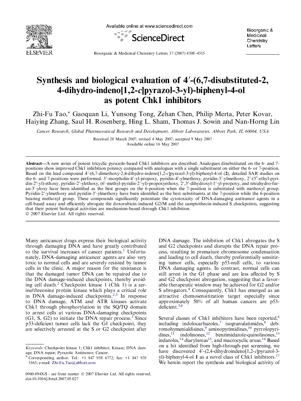 Synthesis and biological evaluation of 4′-(6,7-disubstituted-2,4-dihydro-indeno[1,2-c]pyrazol-3-yl)-biphenyl-4-ol as potent Chk1 inhibitors