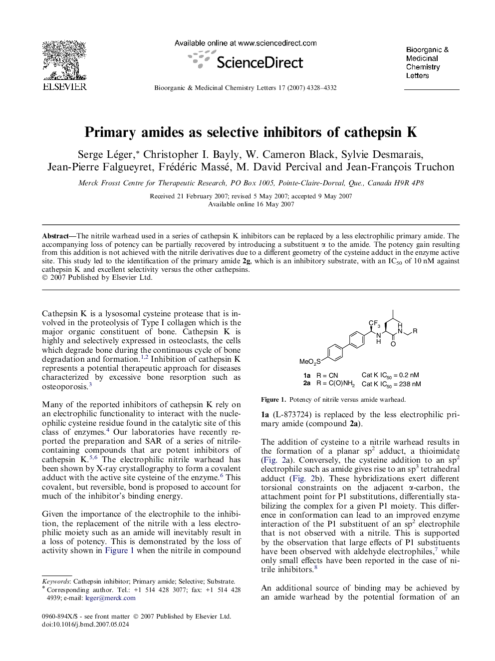 Primary amides as selective inhibitors of cathepsin K