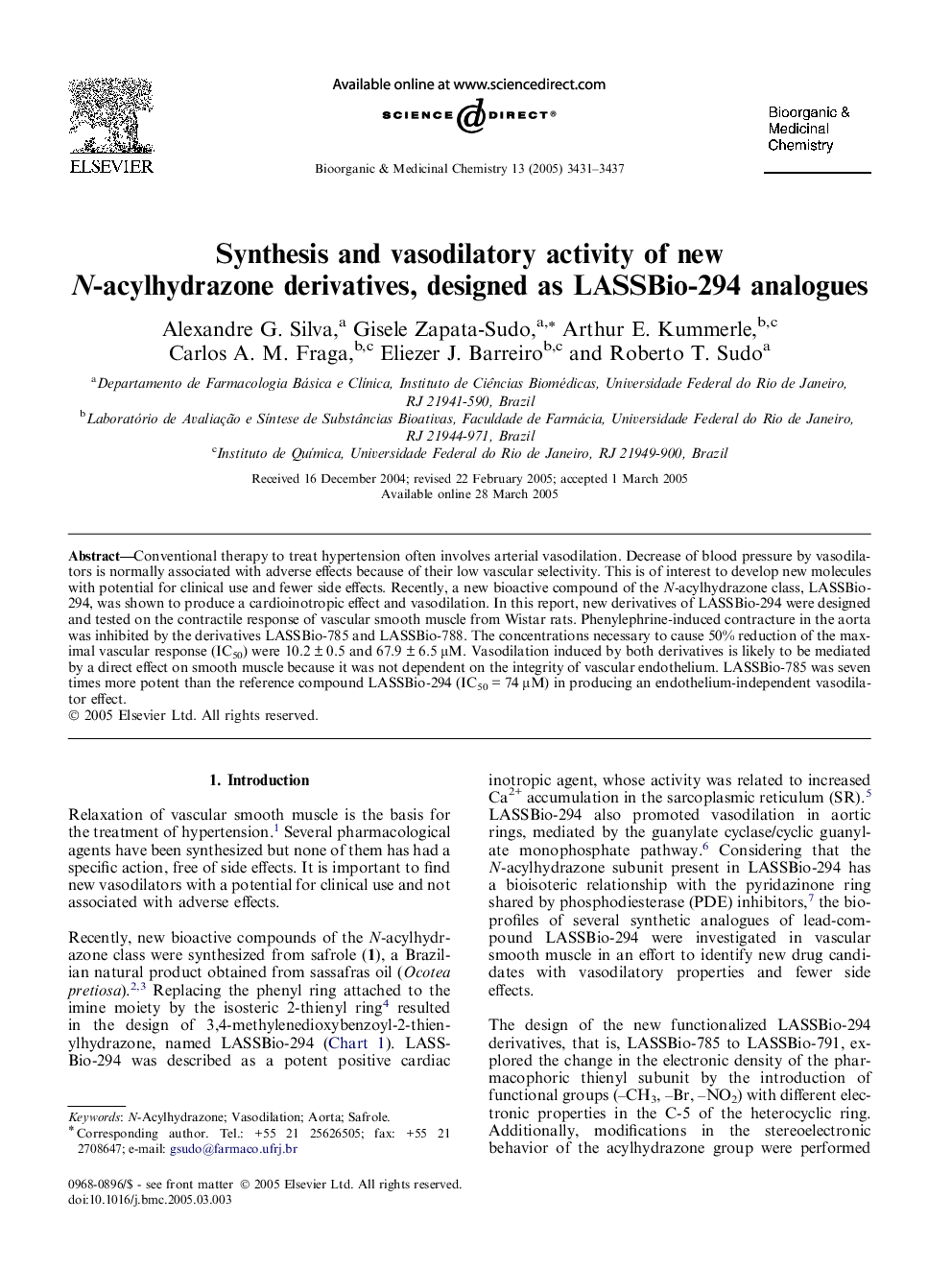 Synthesis and vasodilatory activity of new N-acylhydrazone derivatives, designed as LASSBio-294 analogues