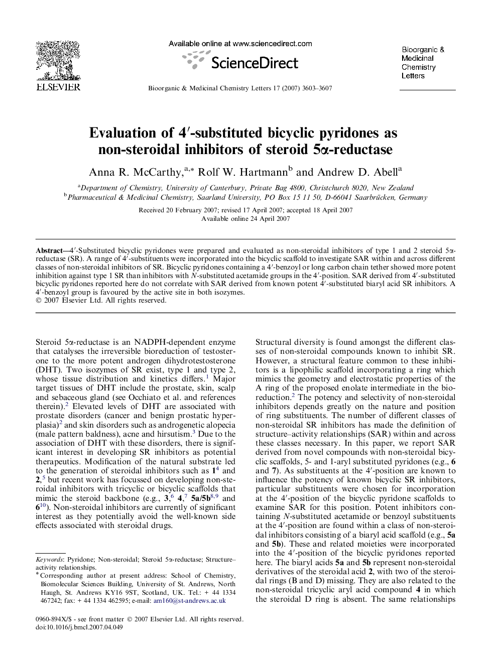 Evaluation of 4′-substituted bicyclic pyridones as non-steroidal inhibitors of steroid 5α-reductase