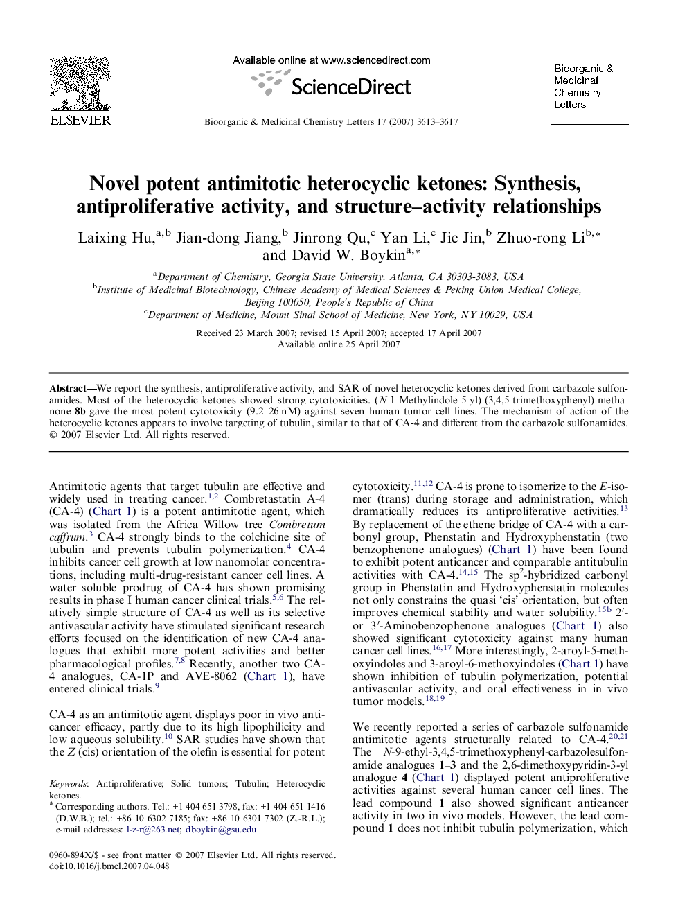 Novel potent antimitotic heterocyclic ketones: Synthesis, antiproliferative activity, and structure–activity relationships