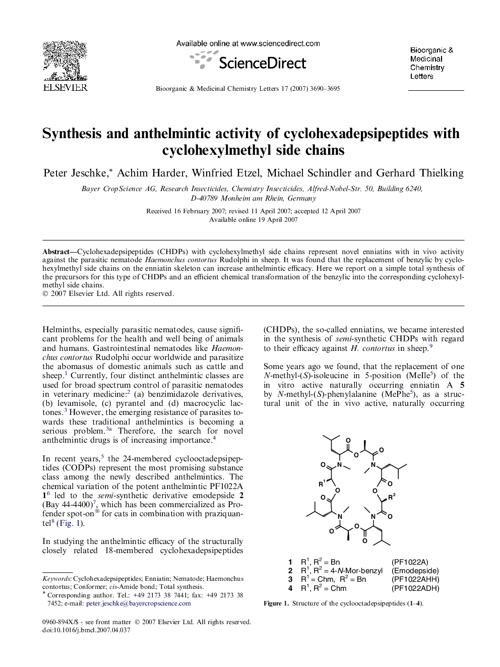 Synthesis and anthelmintic activity of cyclohexadepsipeptides with cyclohexylmethyl side chains