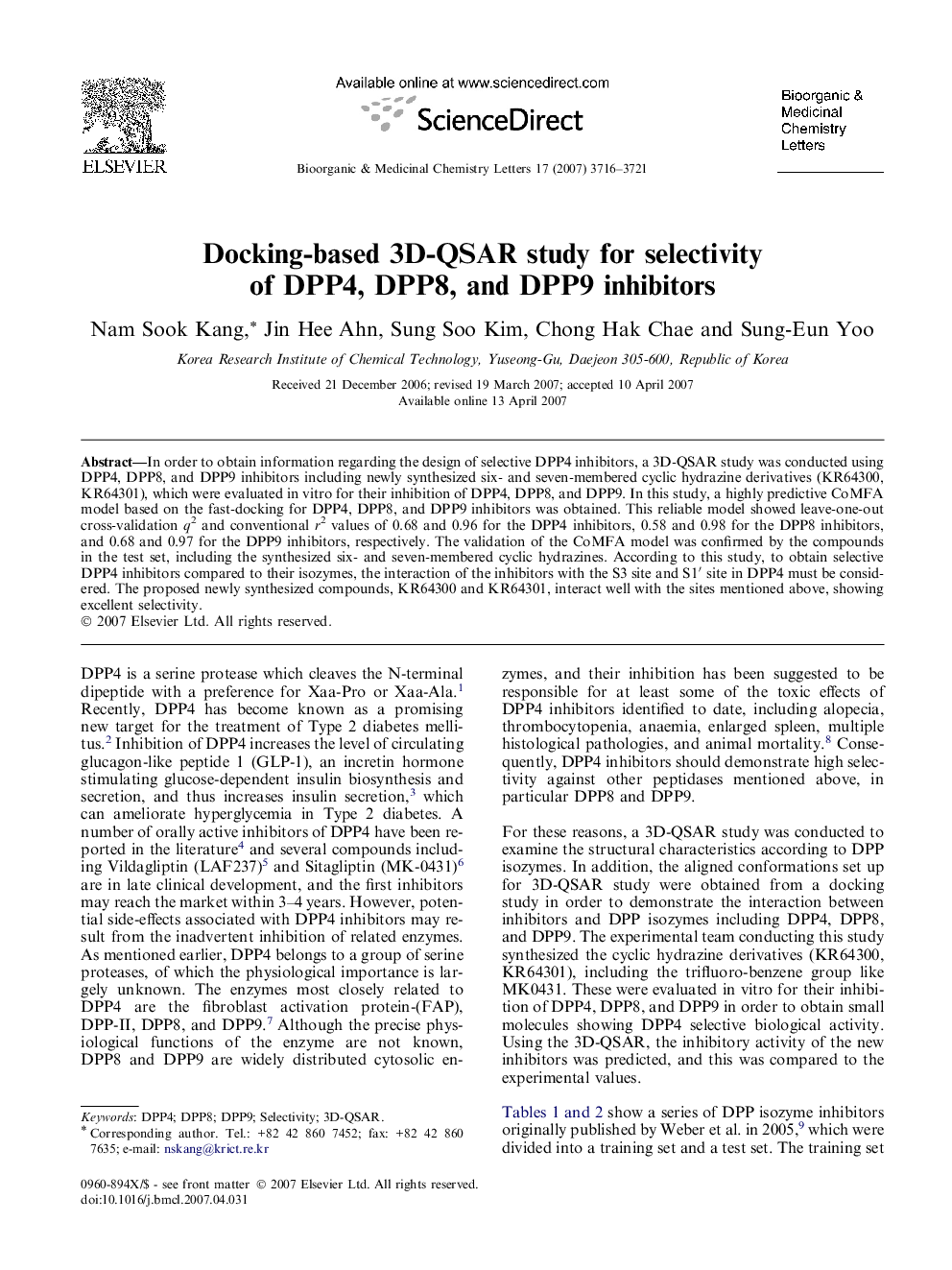 Docking-based 3D-QSAR study for selectivity of DPP4, DPP8, and DPP9 inhibitors