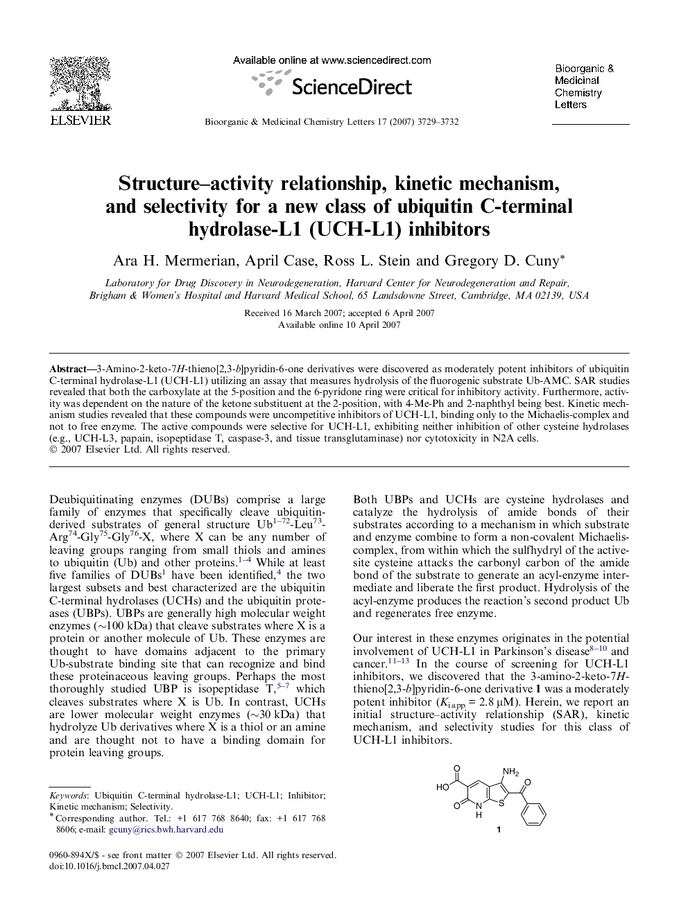 Structure–activity relationship, kinetic mechanism, and selectivity for a new class of ubiquitin C-terminal hydrolase-L1 (UCH-L1) inhibitors