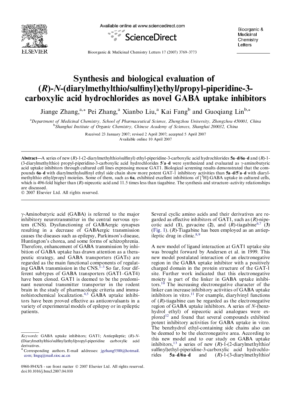 Synthesis and biological evaluation of (R)-N-(diarylmethylthio/sulfinyl)ethyl/propyl-piperidine-3-carboxylic acid hydrochlorides as novel GABA uptake inhibitors